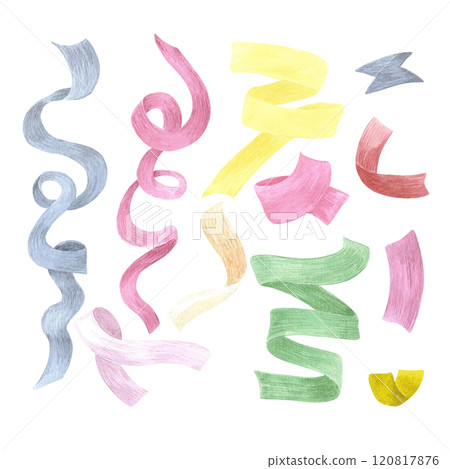 Christmas set ribbons. Hand drawn watercolor illustration of colorful confetti isolated on white background. Can be used for postcard, invitation, scrapbook and other printed products. 120817876