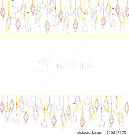 Christmas garlands frame border. Hand drawn watercolor illustration of beads and gemstones isolated on white background. Can be used for postcard, invitation, scrapbook and other printed products. Christmas garlands frame border. Hand drawn watercolor illustration of beads and gemstones isolated on white background. Can be used for postcard, invitation, scrapbook and other printed products. 120817878