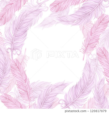 Carnival pink feather frame border. Hand drawn watercolor masquerade illustration isolated on white background. Can be used for postcard, label, scrapbook and other printed products. Carnival pink feather frame border. Hand drawn watercolor masquerade illustration isolated on white background. Can be used for postcard, label, scrapbook and other printed products. 120817879
