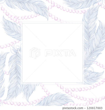 Carnival blue feather with pearls frame border. Hand drawn watercolor masquerade illustration isolated on white background. Can be used for postcard, label, scrapbook and other printed products. Carnival blue feather with pearls frame border. Hand drawn watercolor masquerade illustration isolated on white background. Can be used for postcard, label, scrapbook and other printed products. 120817883