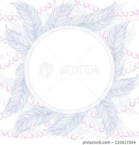 Carnival blue feather with pearls frame border. Hand drawn watercolor masquerade illustration isolated on white background. Can be used for postcard, label, scrapbook and other printed products. Carnival blue feather with pearls frame border. Hand drawn watercolor masquerade illustration isolated on white background. Can be used for postcard, label, scrapbook and other printed products. 120817884