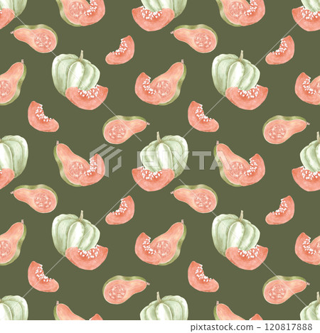 Hand drawn watercolor autumn pumpkins with pieces seamless pattern isolated on green background. Rural illustration Can be used for textile, fabric, scrapbook and other printed products. 120817888