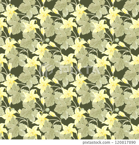 Hand drawn watercolor green leaves and yellow flowers seamless pattern isolated on white background. Rural illustration Can be used for textile, fabric, scrapbook and other printed products. Hand drawn watercolor green leaves and yellow flowers seamless pattern isolated on white background. Rural illustration Can be used for textile, fabric, scrapbook and other printed products. 120817890