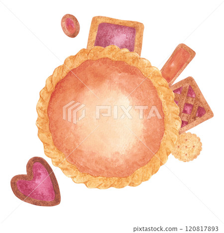 Hand drawn watercolor autumn pumpkin cake with cookies and gingerbread composition isolated on white background. Can be used for postcard, label, scrapbook and other printed products. Hand drawn watercolor autumn pumpkin cake with cookies and gingerbread composition isolated on white background. Can be used for postcard, label, scrapbook and other printed products. 120817893