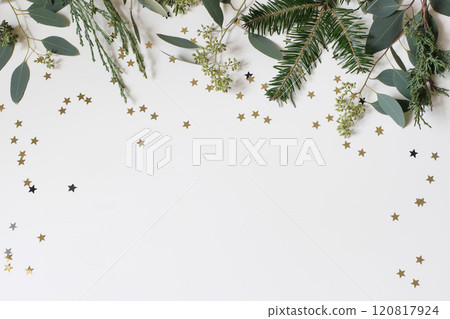Christmas, New Year decorative frame. Festive web banner. Green garland of eucalyptus, fir, cypress tree leaves branches. Golden star shaped confetti isolated on white table background. Flat lay, top 120817924