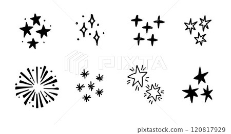 Hand drawn stars, sparkle doodles isolated on background. Black vector icon graphic elements. Fireworks, sunburst, star burst or explosion clipart set. Festive celebration vector illustration objects. 120817929