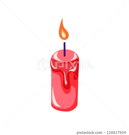 Decorative red candle with soft flame in cartoon style. Design for Valentine day card. Isolated on white background. Decorative red candle with soft flame in cartoon style. Design for Valentine day card. Isolated on white background. 120817934