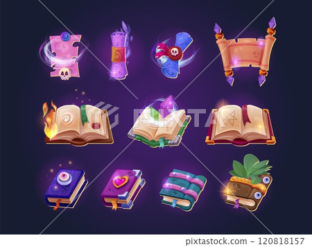 Magic book parchments. Fairy papyrus magical scroll and wizard spell ancient books, fantasy game map old paper roll manuscript witchcraft school library, swanky vector illustration 120818157
