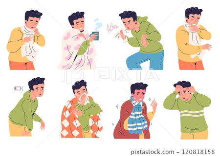 Man cold symptoms. Male person feeling fever coldness weak headache flu illness symptom, chilling coughing sick guy common influenza infection, cartoon classy vector illustration 120818158