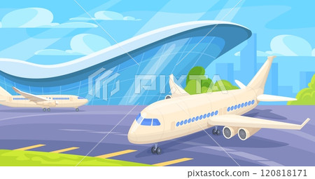 Airplane at airport landscape. Passenger aircraft arrival on runway or preparing takeoff outdoor city airline terminal building, plane flight departure neat vector illustration Airplane at airport landscape. Passenger aircraft arrival on runway or preparing takeoff outdoor city airline terminal building, plane flight departure neat vector illustration 120818171