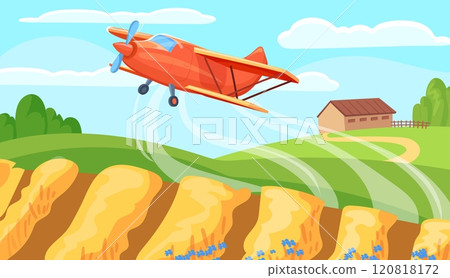 Crop duster. Farm airplane spraying corn field chemicals pesticides, agricultural transport flying plane insecticide fumigation, aircraft farming machinery neat vector illustration 120818172