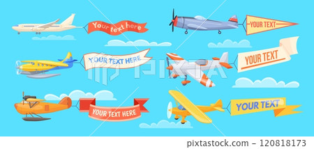 Airplanes with ribbons. Plane with flag banner, aeroplane pull ribbon text message air advertising retro aircraft placard in cloud sky flying aerial poster neat vector illustration 120818173