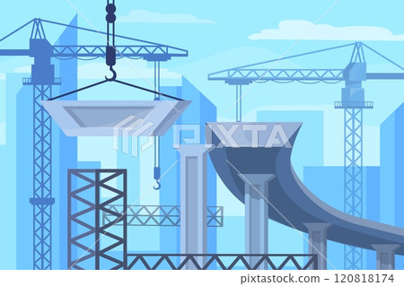 Bridge construction process. Bridges pont constructing, bridgework steps road building working concrete pillars infrastructure city architecture foundation neat vector illustration 120818174