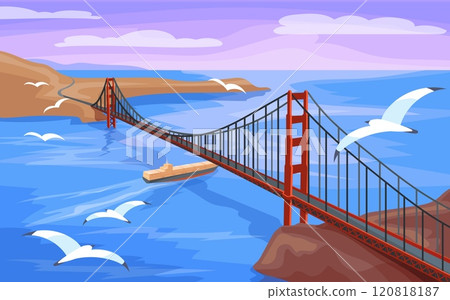 Golden gate bridge. Urban bridges tour in san francisco city, california life america tourism frisco ocean island connection, USA travel cartoon landscape neat vector illustration 120818187