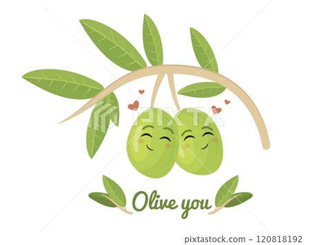 Olive you. Green olives couple funny characters on branch, love you romantic valentines slogan hipster vegan health food concept trendy banner design cartoon vector illustration Olive you. Green olives couple funny characters on branch, love you romantic valentines slogan hipster vegan health food concept trendy banner design cartoon vector illustration 120818192