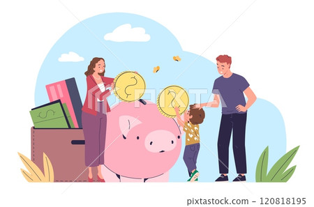 Family budget. Parents and kid boy get money coins in piggy bank, families financial plan invest savings concept couple with children large deposit save vector illustration 120818195