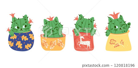 Cactus cat. Cute cacti cats kawaii characters, green kitty flower plants in flowerpot creative artwork design set cartoon vector illustration 120818196