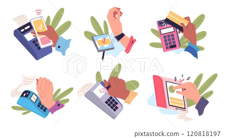 Hand contactless payments. Cashless wireless pos terminal paying processing smart watches cash credit card qr code scan mobile device, ringing purchase classy vector illustration Hand contactless payments. Cashless wireless pos terminal paying processing smart watches cash credit card qr code scan mobile device, ringing purchase classy vector illustration 120818197