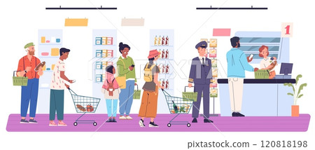 Supermarket queue. Tired consumers in line waiting saleswoman or cashier checkout in grocery store counter, standing customers product purchase, shopping classy vector illustration Supermarket queue. Tired consumers in line waiting saleswoman or cashier checkout in grocery store counter, standing customers product purchase, shopping classy vector illustration 120818198