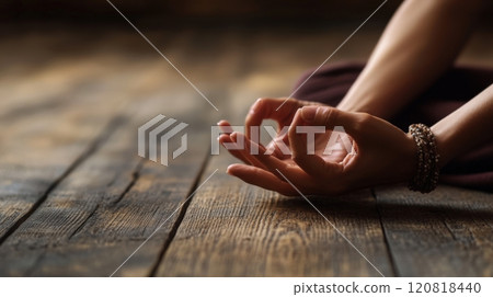 Close-Up Of Hands In Mudra Position On A Wooden Background 120818440