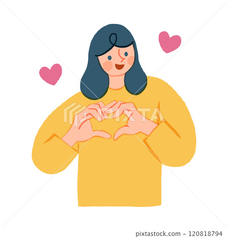 Illustration of a woman making a heart symbol with her hands 120818794