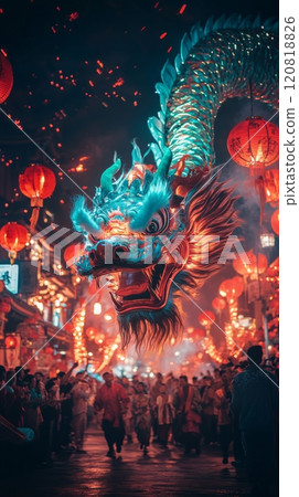 Magnificent dragon during a nighttime Lunar New Year celebration, festive lanterns. Vertical banner 120818826