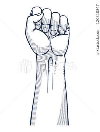 Rised fist hand gesture monochrome drawn emblem. Vector hand clenched into fist and rising up, symbol isolated on white background. Power sign. Human hand up in the air 120818847