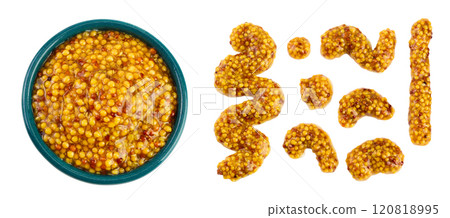 Bowl with french mustard isolated on white background with full depth of field. Top view. Flat lay. 120818995