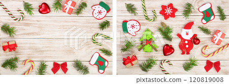 Christmas frame made of fir branches decorated with candy canes and boxes on a light wooden background Christmas frame made of fir branches decorated with candy canes and boxes on a light wooden background 120819008