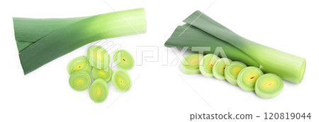 Leek vegetable closeup isolated on white background. Top view. Flat lay Leek vegetable closeup isolated on white background. Top view. Flat lay 120819044
