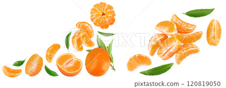 Tangerine or clementine with green leaf isolated on white background with full depth of field. Top view with copy space for your text. Flat lay 120819050
