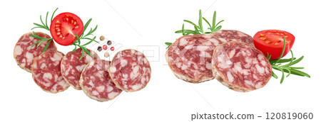 Cured salami sausage slices isolated on white background. Italian cuisine with full depth of field. Top view. Flat lay. Cured salami sausage slices isolated on white background. Italian cuisine with full depth of field. Top view. Flat lay. 120819060