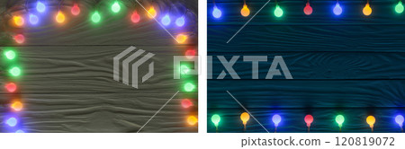 christmas garland lights on dark wooden background with copy space for your text. Top view 120819072