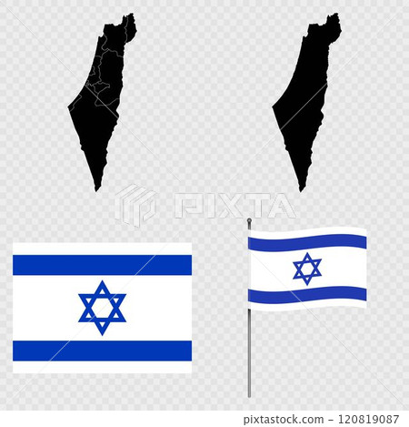 Set of maps, flag and flagpole of Israel. Vector illustration. 120819087