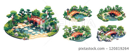 Isometry traditional japanese garden. Little pond with lily bridge trees stone and boulders, native asian landscape exterior nature designs, isolated vector illustrations on white background 120819264