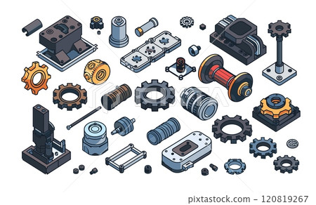 Isometry machinery parts. Gears invention spare details, bushings metal plates brackets and hinges, cardan shafts with shim nuts and bolts , isolated vector illustrations in white background 120819267