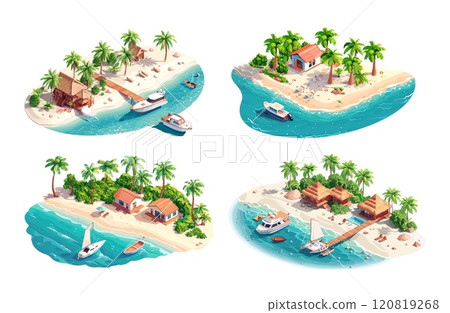 Isometric tropical resort. Beach sea coast with bungalow, lagoon ocean shore with huts boats yachts and palms, marine paradise vacation holidays, isolated vector illustrations in white background 120819268