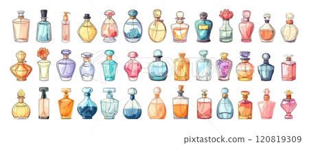 Cartoon perfume bottles. Aroma for woman and man, odor fragrance flavor in glass vials with sprayers, elegant design fashion flasks cosmetic eau de toilette bouquet body spray containers isolated Cartoon perfume bottles. Aroma for woman and man, odor fragrance flavor in glass vials with sprayers, elegant design fashion flasks cosmetic eau de toilette bouquet body spray containers isolated 120819309