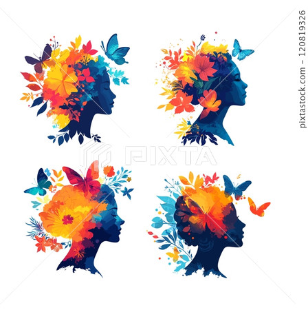 Cartoon mental health concepts. Woman head portrait with flowers on hair, calm female avatars relax thinking mind, positive brain thoughts wellness psychological care isolated vector illustrations Cartoon mental health concepts. Woman head portrait with flowers on hair, calm female avatars relax thinking mind, positive brain thoughts wellness psychological care isolated vector illustrations 120819326