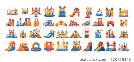 Cartoon inflatable castles. Pneumatic children fortress with trampolines and slides, kid recreation activity fun attractions playgrounds stuff, vector illustrations isolated on white background 120819346