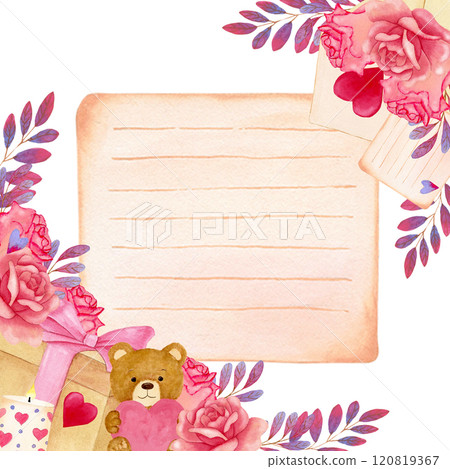 Watercolor frame with area for notes decorated pink rose, brunches, gifts and heart. 120819367