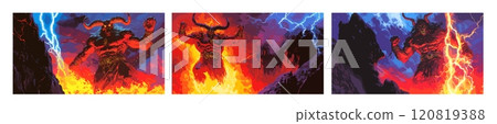 Cartoon ancient god. Horned giant demon with lightings, hell servant conjuring spell using flame storm, burning fire abyss magical old evil creature devil character, scorching overlord illustrations 120819388