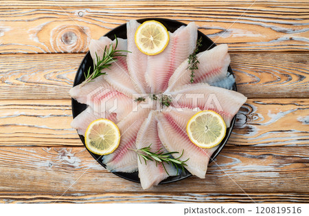 Raw tilapia fillet photography . Top view Raw tilapia fillet photography . Top view 120819516