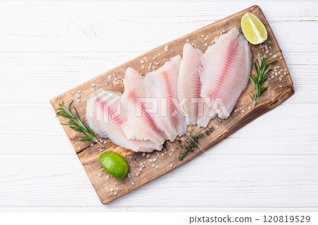 Raw tilapia fillet photography . Top view 120819529