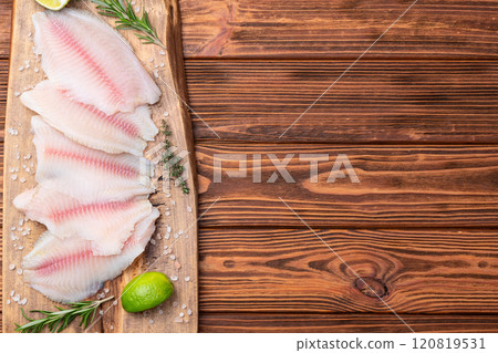 Raw tilapia fillet photography . Top view 120819531
