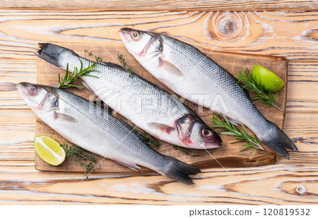 Raw sea bass fish photography . Top view Raw sea bass fish photography . Top view 120819532