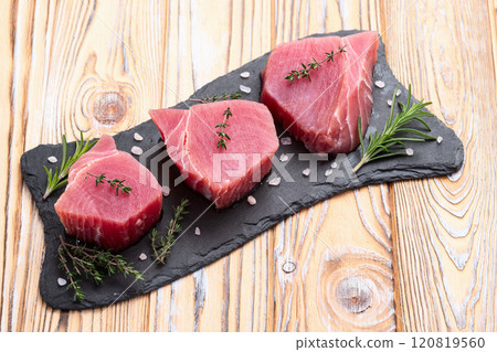 Raw tuna steak ( fillet ) photography . Top view 120819560