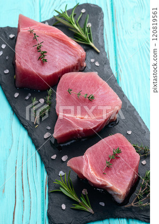 Raw tuna steak ( fillet ) photography . Top view 120819561