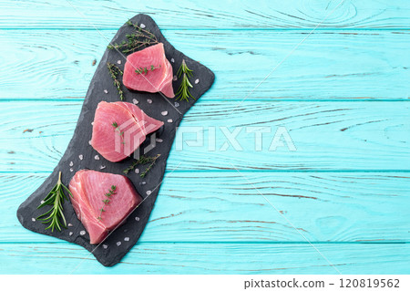 Raw tuna steak ( fillet ) photography . Top view 120819562
