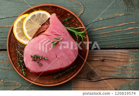 Raw tuna steak ( fillet ) photography . Top view 120819574